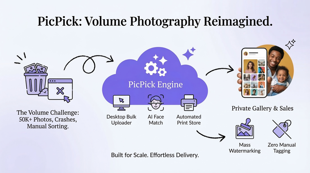 Volume Photography Dashboard showing massive file uploads and AI sorting